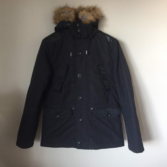 ZARA navy blue parka mens fur pockets vintage look coat jacket bomber - Picture 3 of 7